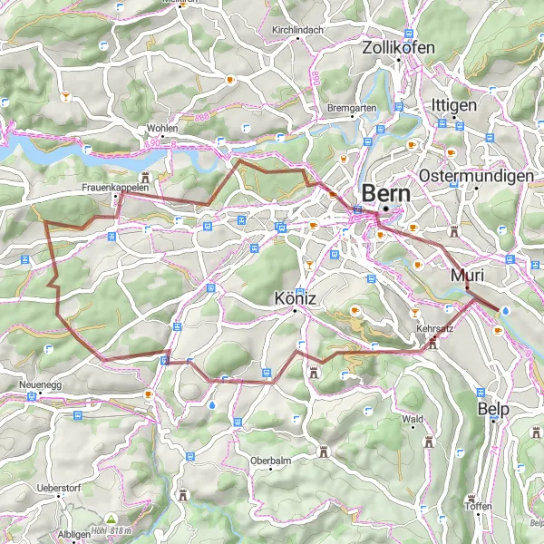 Map miniature of "Gravel Route around Muri" cycling inspiration in Espace Mittelland, Switzerland. Generated by Tarmacs.app cycling route planner