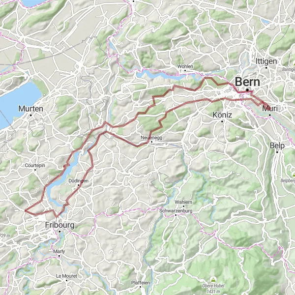 Zemljevid v pomanjšavi "Kolesarjenje skozi čudovite pokrajine okoli Muri" kolesarske inspiracije v Espace Mittelland, Switzerland. Generirano z načrtovalcem kolesarskih poti Tarmacs.app