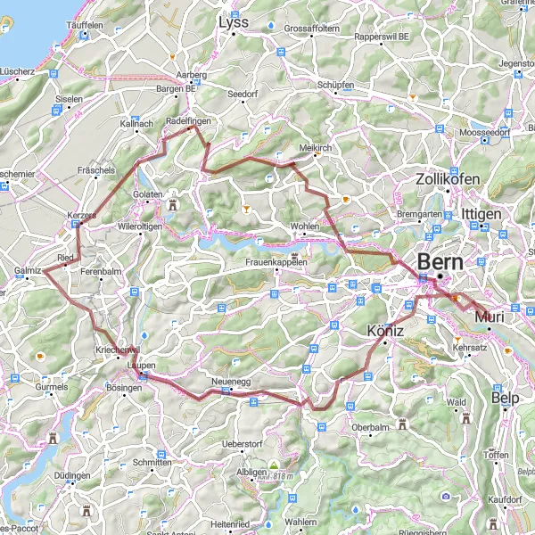 Miniatua del mapa de inspiración ciclista "Ruta de Grava por Liebefeld y Berna" en Espace Mittelland, Switzerland. Generado por Tarmacs.app planificador de rutas ciclistas