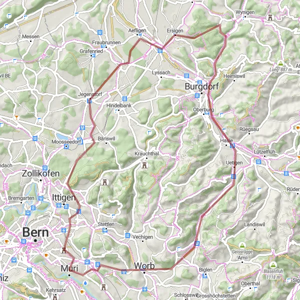 Miniatuurkaart van de fietsinspiratie "Gravelroute rond Muri" in Espace Mittelland, Switzerland. Gemaakt door de Tarmacs.app fietsrouteplanner