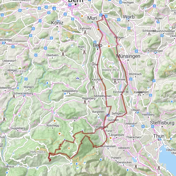 Miniaturní mapa "Gravel cyklistická trasa okolo Muri" inspirace pro cyklisty v oblasti Espace Mittelland, Switzerland. Vytvořeno pomocí plánovače tras Tarmacs.app