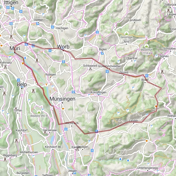 Miniaturní mapa "Gravelová cesta kolem Muri a okolí" inspirace pro cyklisty v oblasti Espace Mittelland, Switzerland. Vytvořeno pomocí plánovače tras Tarmacs.app