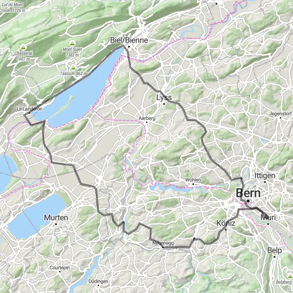 Miniatua del mapa de inspiración ciclista "Ruta de Ciclismo de Carretera desde Muri" en Espace Mittelland, Switzerland. Generado por Tarmacs.app planificador de rutas ciclistas