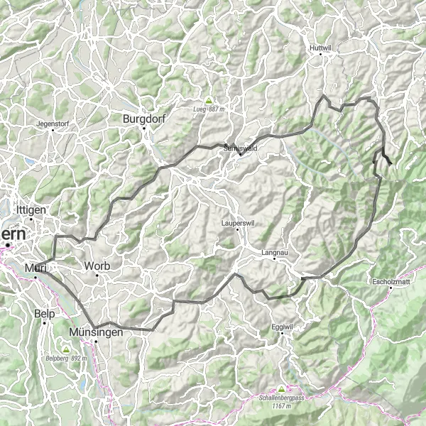 Karttaminiaatyyri "Challenging Ride from Muri" pyöräilyinspiraatiosta alueella Espace Mittelland, Switzerland. Luotu Tarmacs.app pyöräilyreittisuunnittelijalla