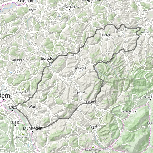 Miniaturekort af cykelinspirationen "Den store klatrerute" i Espace Mittelland, Switzerland. Genereret af Tarmacs.app cykelruteplanlægger