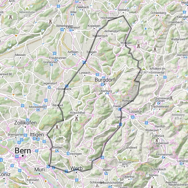 Miniatua del mapa de inspiración ciclista "Ruta en Carretera por Ostermundigeberg y Worb" en Espace Mittelland, Switzerland. Generado por Tarmacs.app planificador de rutas ciclistas