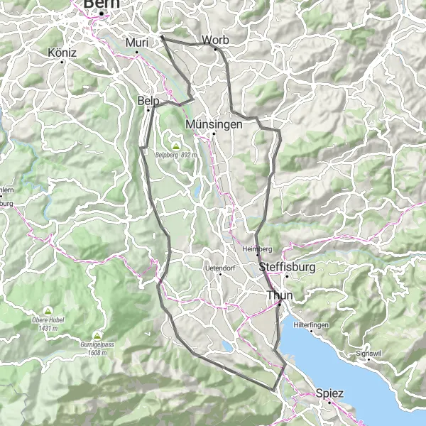 Miniatua del mapa de inspiración ciclista "Ruta de ciclismo de carretera por Muri a Thun" en Espace Mittelland, Switzerland. Generado por Tarmacs.app planificador de rutas ciclistas