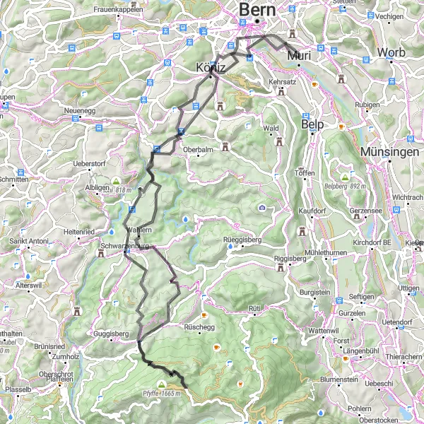 Karttaminiaatyyri "Köniz - Schwarzenburg - Bern Road Cycling Loop" pyöräilyinspiraatiosta alueella Espace Mittelland, Switzerland. Luotu Tarmacs.app pyöräilyreittisuunnittelijalla