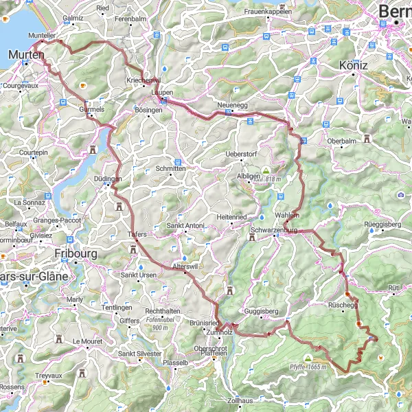 Miniaturní mapa "Gravelová cyklotrasa kolem Murtenu" inspirace pro cyklisty v oblasti Espace Mittelland, Switzerland. Vytvořeno pomocí plánovače tras Tarmacs.app