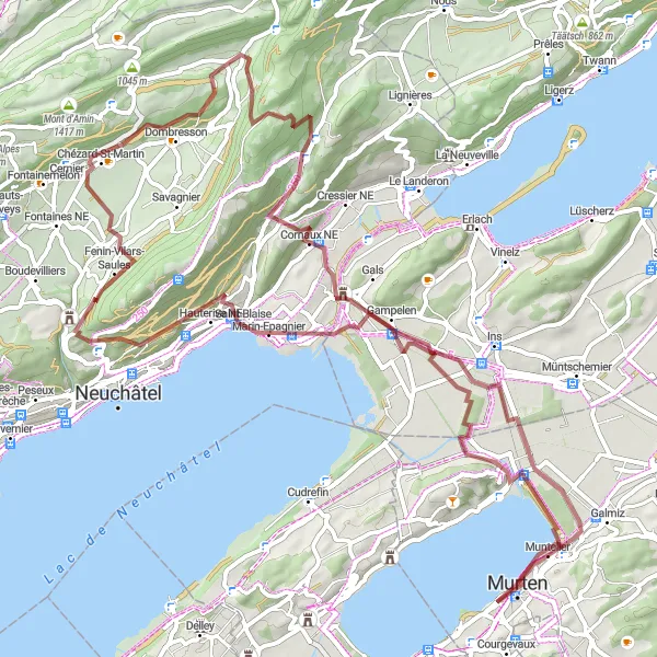 Miniatura della mappa di ispirazione al ciclismo "Giro in Ghiaia intorno al Mont Vully" nella regione di Espace Mittelland, Switzerland. Generata da Tarmacs.app, pianificatore di rotte ciclistiche