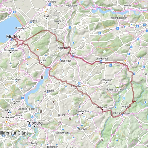 Zemljevid v pomanjšavi "Gorsko kolesarjenje v okolici Murtena" kolesarske inspiracije v Espace Mittelland, Switzerland. Generirano z načrtovalcem kolesarskih poti Tarmacs.app