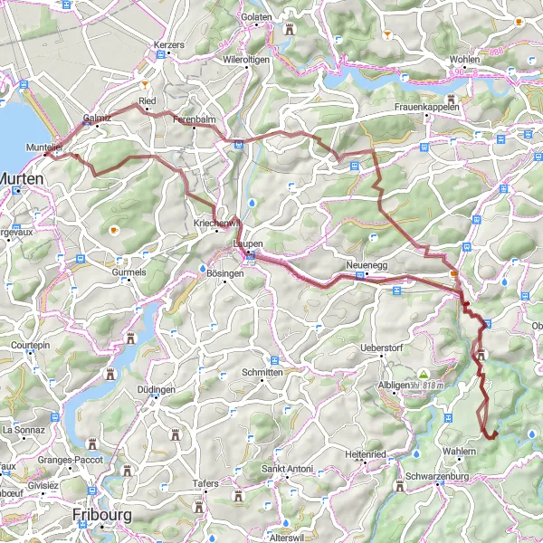 Mapa miniatúra "Gravelová cyklotrasa okolo Murten" cyklistická inšpirácia v Espace Mittelland, Switzerland. Vygenerované cyklistickým plánovačom trás Tarmacs.app