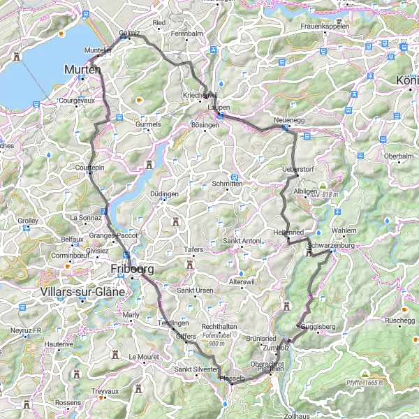 Kartminiatyr av "Landevei eventyr rundt Morat" sykkelinspirasjon i Espace Mittelland, Switzerland. Generert av Tarmacs.app sykkelrutoplanlegger