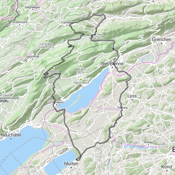 Miniatua del mapa de inspiración ciclista "Desafío en Bicicleta por la Región de Morat" en Espace Mittelland, Switzerland. Generado por Tarmacs.app planificador de rutas ciclistas