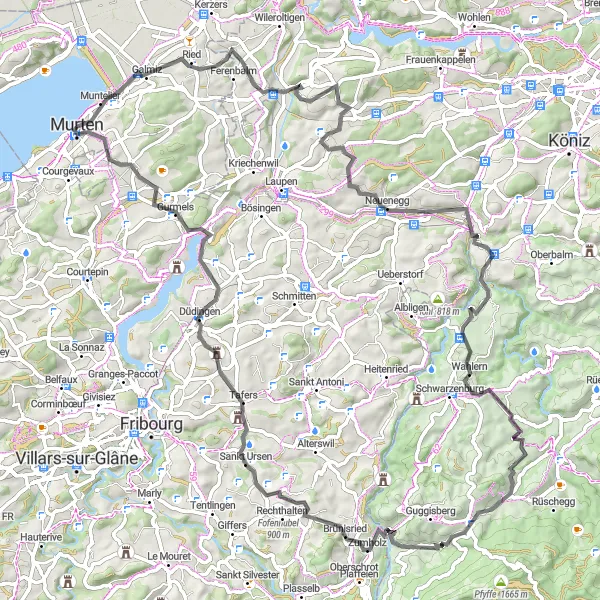 Kartminiatyr av "Cykeltur till Schloss Murten och Schwendelberg" cykelinspiration i Espace Mittelland, Switzerland. Genererad av Tarmacs.app cykelruttplanerare