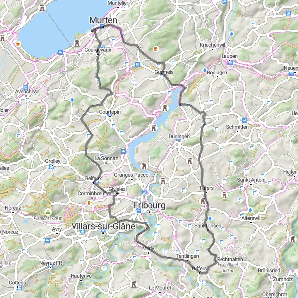 Karttaminiaatyyri "Järviä ja kukkuloita kiertävä reitti" pyöräilyinspiraatiosta alueella Espace Mittelland, Switzerland. Luotu Tarmacs.app pyöräilyreittisuunnittelijalla