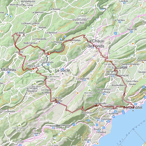 Kartminiatyr av "Grusvei Eventyr fra Neuchâtel til Tête Plumée" sykkelinspirasjon i Espace Mittelland, Switzerland. Generert av Tarmacs.app sykkelrutoplanlegger
