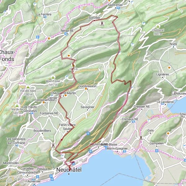 Miniatua del mapa de inspiración ciclista "Ruta de Grava a través de Neuchâtel" en Espace Mittelland, Switzerland. Generado por Tarmacs.app planificador de rutas ciclistas