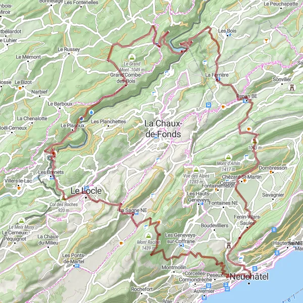 Miniaturekort af cykelinspirationen "Neuchâtel til Fenin-Vilars-Saules gruscykeltur" i Espace Mittelland, Switzerland. Genereret af Tarmacs.app cykelruteplanlægger