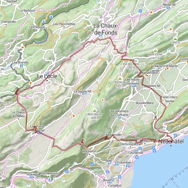 Miniaturní mapa "Gravel Route from Neuchâtel to Tête Plumée" inspirace pro cyklisty v oblasti Espace Mittelland, Switzerland. Vytvořeno pomocí plánovače tras Tarmacs.app