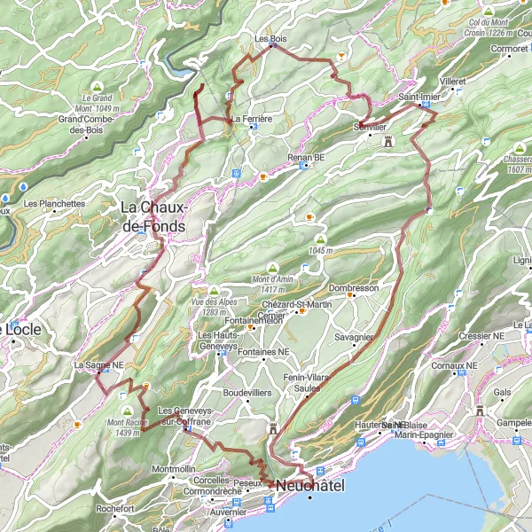 Karttaminiaatyyri "Neuchâtelin ympäripyöräilyreitti 2" pyöräilyinspiraatiosta alueella Espace Mittelland, Switzerland. Luotu Tarmacs.app pyöräilyreittisuunnittelijalla