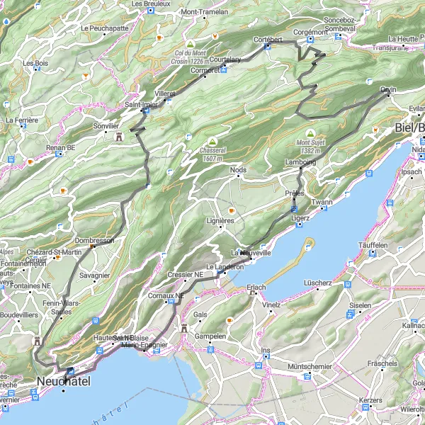 Miniatua del mapa de inspiración ciclista "Ruta Escénica de Carretera por el Lago Bienne" en Espace Mittelland, Switzerland. Generado por Tarmacs.app planificador de rutas ciclistas
