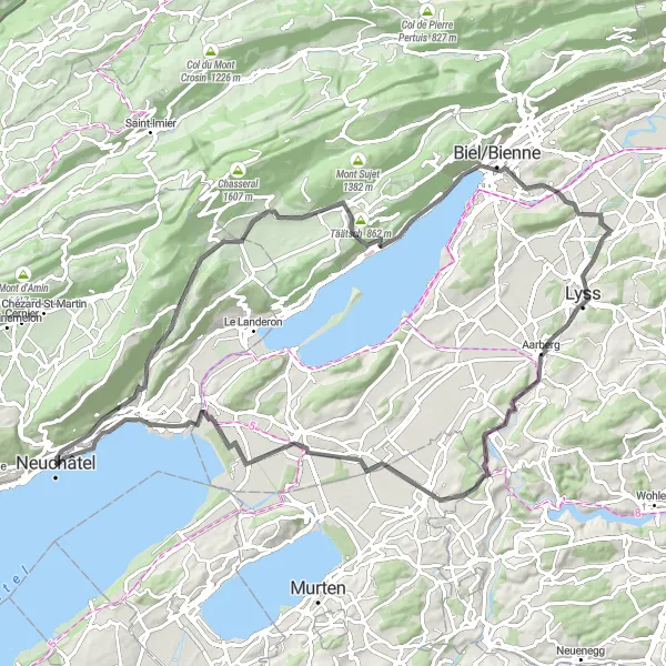 Miniatua del mapa de inspiración ciclista "Ruta Escénica por Carretera cerca de Neuchâtel" en Espace Mittelland, Switzerland. Generado por Tarmacs.app planificador de rutas ciclistas