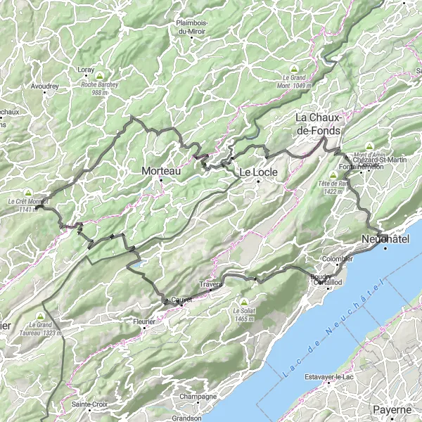 Zemljevid v pomanjšavi "Kolesarska pot obsega slikovita mesta okoli Neuchâtela" kolesarske inspiracije v Espace Mittelland, Switzerland. Generirano z načrtovalcem kolesarskih poti Tarmacs.app