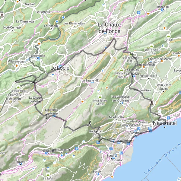 Miniaturní mapa "Cyklistická trasa kolem Neuchâtelu" inspirace pro cyklisty v oblasti Espace Mittelland, Switzerland. Vytvořeno pomocí plánovače tras Tarmacs.app