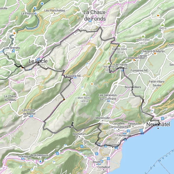 Map miniature of "Neuchâtel - Col des Roches Loop" cycling inspiration in Espace Mittelland, Switzerland. Generated by Tarmacs.app cycling route planner