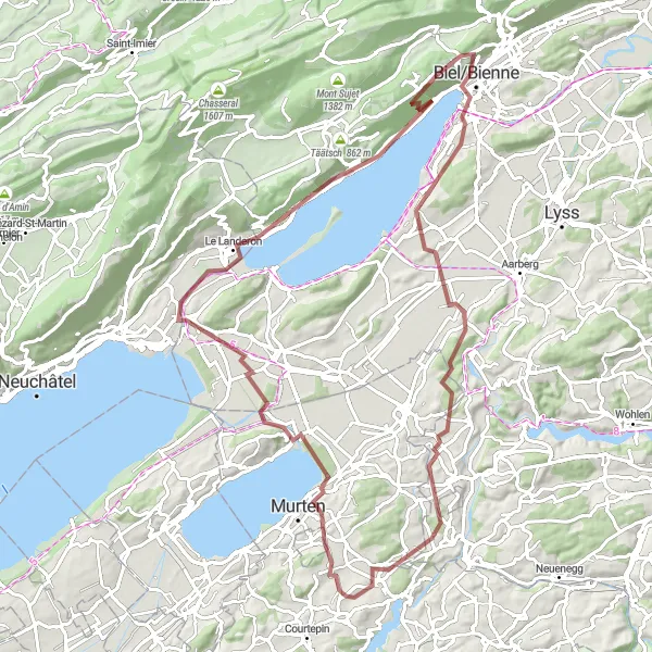 Miniatuurkaart van de fietsinspiratie "Grindpaden rond Morat en Biel/Bienne" in Espace Mittelland, Switzerland. Gemaakt door de Tarmacs.app fietsrouteplanner