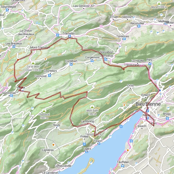 Miniatura della mappa di ispirazione al ciclismo "Avventura nei Monti del Giura" nella regione di Espace Mittelland, Switzerland. Generata da Tarmacs.app, pianificatore di rotte ciclistiche