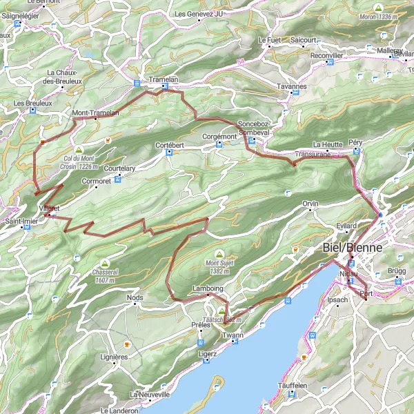 Miniature de la carte de l'inspiration cycliste "Circuit des Montagnes Jurassiennes" dans la Espace Mittelland, Switzerland. Générée par le planificateur d'itinéraire cycliste Tarmacs.app