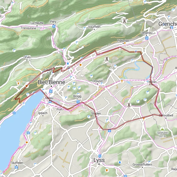 Zemljevid v pomanjšavi "Gravel avantura okoli jezera Bienne" kolesarske inspiracije v Espace Mittelland, Switzerland. Generirano z načrtovalcem kolesarskih poti Tarmacs.app