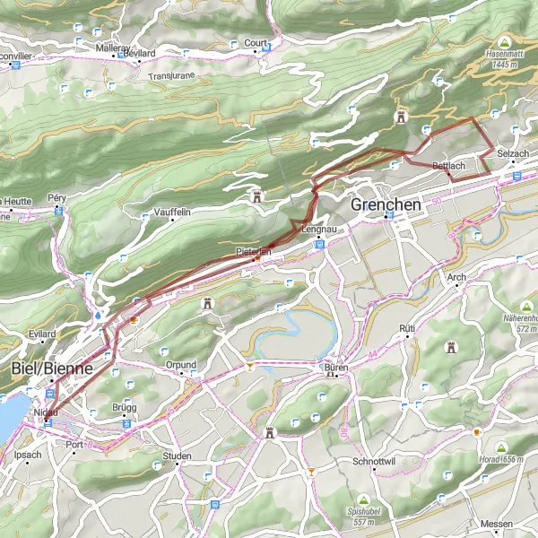 Miniatura della mappa di ispirazione al ciclismo "Gravel Tour del Giura Bernese" nella regione di Espace Mittelland, Switzerland. Generata da Tarmacs.app, pianificatore di rotte ciclistiche