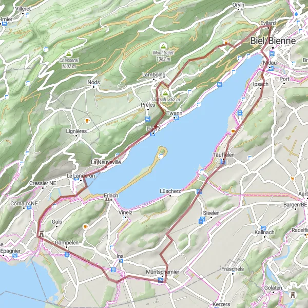 Karttaminiaatyyri "Polkuja ympäröivät Bielerseestä Känzeliink, Gravel Bike -retki" pyöräilyinspiraatiosta alueella Espace Mittelland, Switzerland. Luotu Tarmacs.app pyöräilyreittisuunnittelijalla