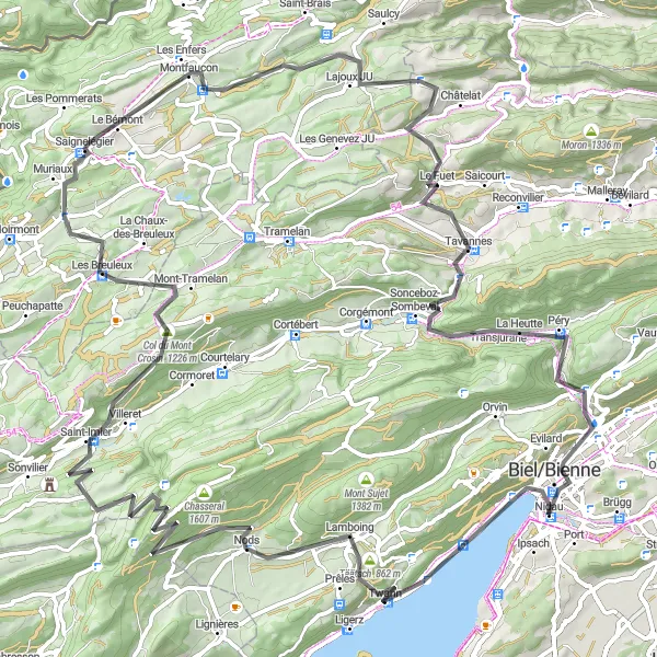 Miniatua del mapa de inspiración ciclista "Aventura por el Col du Chasseral y Saignelégier" en Espace Mittelland, Switzerland. Generado por Tarmacs.app planificador de rutas ciclistas