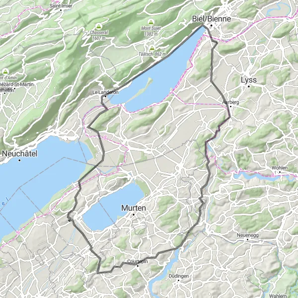 Miniatura mapy "Trasa rowerowa Road ze szczytu Aarberg do Tüscherz" - trasy rowerowej w Espace Mittelland, Switzerland. Wygenerowane przez planer tras rowerowych Tarmacs.app
