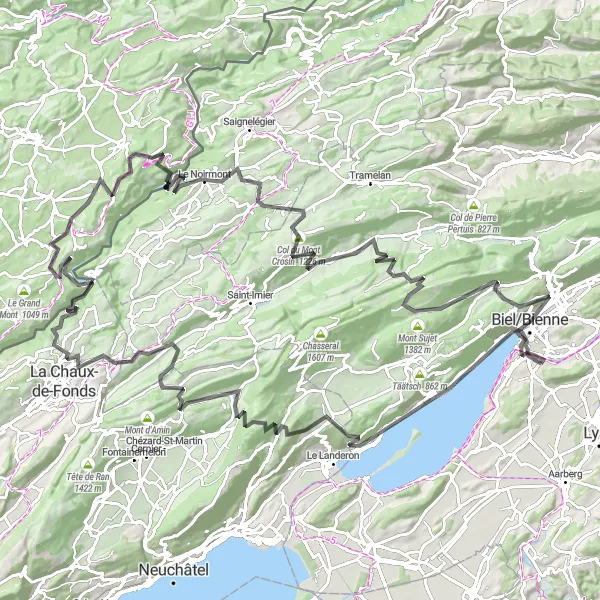 Zemljevid v pomanjšavi "Kolesarska pot okoli Biel/Bienne" kolesarske inspiracije v Espace Mittelland, Switzerland. Generirano z načrtovalcem kolesarskih poti Tarmacs.app
