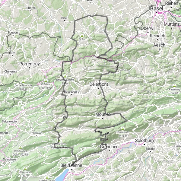 Miniatua del mapa de inspiración ciclista "Desafío en Carretera desde Nidau" en Espace Mittelland, Switzerland. Generado por Tarmacs.app planificador de rutas ciclistas