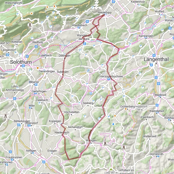 Miniatura della mappa di ispirazione al ciclismo "Tour in bici tra Herzogenbuchsee e Wangen an der Aare" nella regione di Espace Mittelland, Switzerland. Generata da Tarmacs.app, pianificatore di rotte ciclistiche