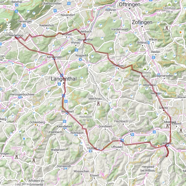 Kartminiatyr av "Utflykt genom Murgenthal och Aarwangen" cykelinspiration i Espace Mittelland, Switzerland. Genererad av Tarmacs.app cykelruttplanerare
