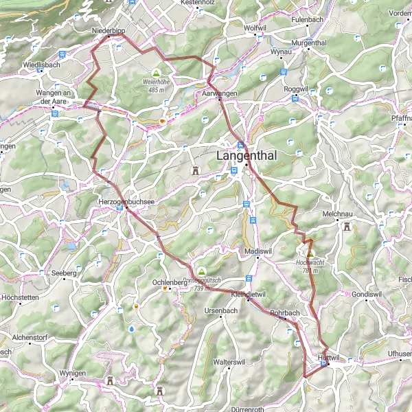 Miniatua del mapa de inspiración ciclista "Ruta de Aventura en Grava a Huttwil y Heimenhausen" en Espace Mittelland, Switzerland. Generado por Tarmacs.app planificador de rutas ciclistas