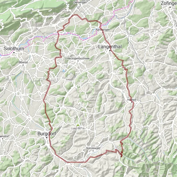 Miniatura della mappa di ispirazione al ciclismo "Giro in bicicletta da Niederbipp a Wangen an der Aare" nella regione di Espace Mittelland, Switzerland. Generata da Tarmacs.app, pianificatore di rotte ciclistiche