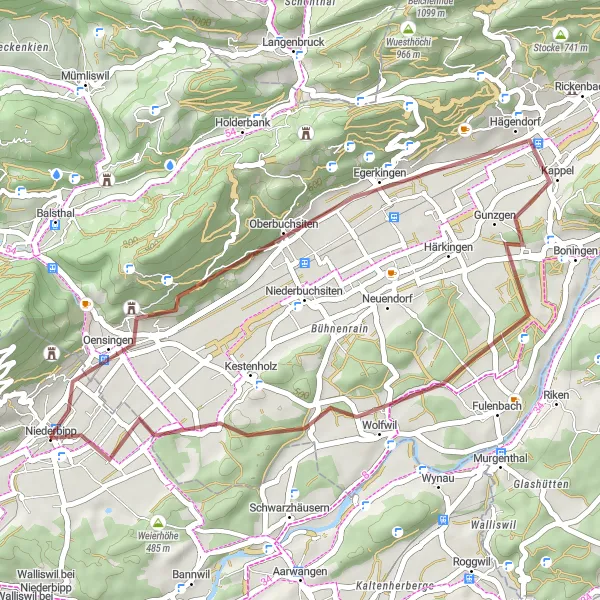 Mapa miniatúra "Krátka gravel trasa cez Oensingen a Wolfwil" cyklistická inšpirácia v Espace Mittelland, Switzerland. Vygenerované cyklistickým plánovačom trás Tarmacs.app
