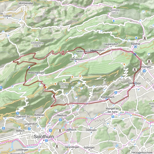 Miniatura della mappa di ispirazione al ciclismo "Esplorazione Gravel da Attiswil a Lehnflue" nella regione di Espace Mittelland, Switzerland. Generata da Tarmacs.app, pianificatore di rotte ciclistiche