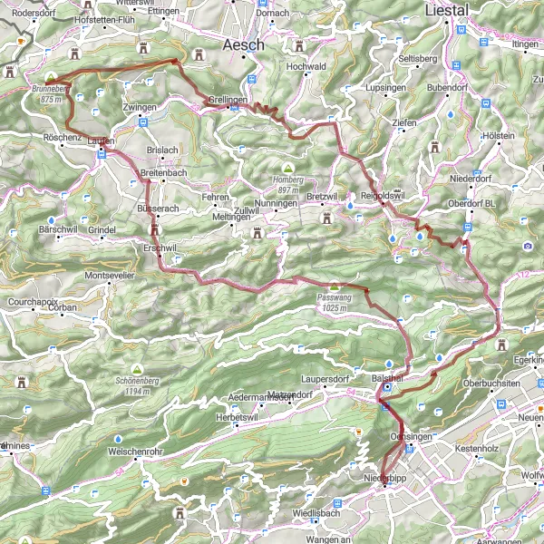 Miniature de la carte de l'inspiration cycliste "Défi gravel à travers les collines suisses" dans la Espace Mittelland, Switzerland. Générée par le planificateur d'itinéraire cycliste Tarmacs.app