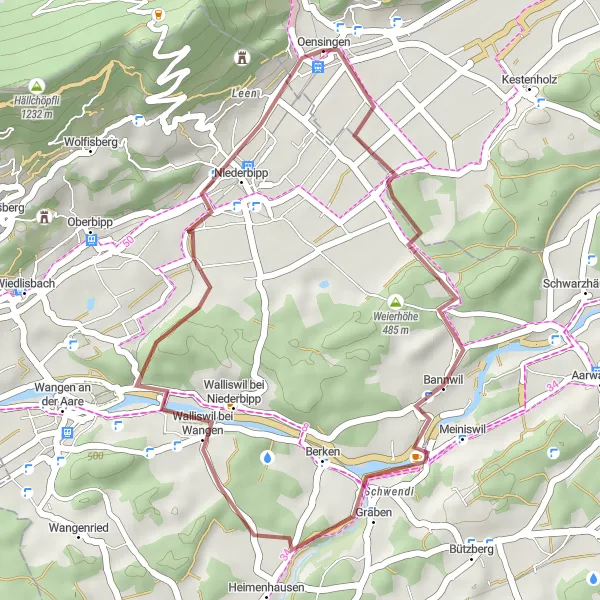 Miniatura della mappa di ispirazione al ciclismo "Giro in Gravel attraverso Ravellen e Walliswil bei Wangen" nella regione di Espace Mittelland, Switzerland. Generata da Tarmacs.app, pianificatore di rotte ciclistiche