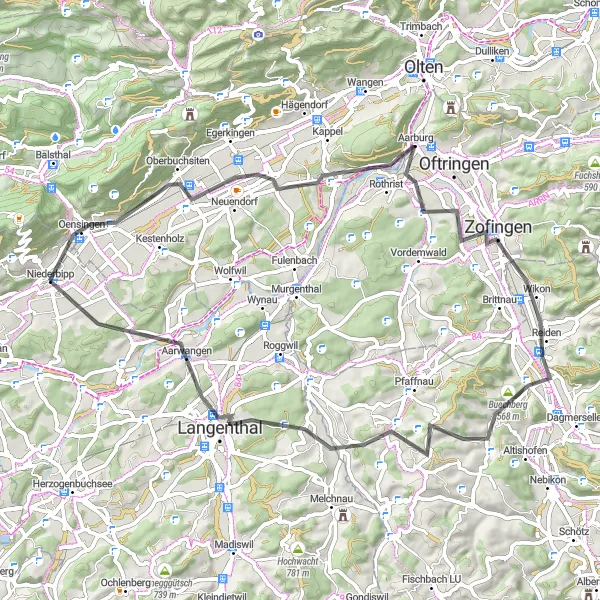 Miniatura della mappa di ispirazione al ciclismo "Giro in bicicletta da Niederbipp" nella regione di Espace Mittelland, Switzerland. Generata da Tarmacs.app, pianificatore di rotte ciclistiche