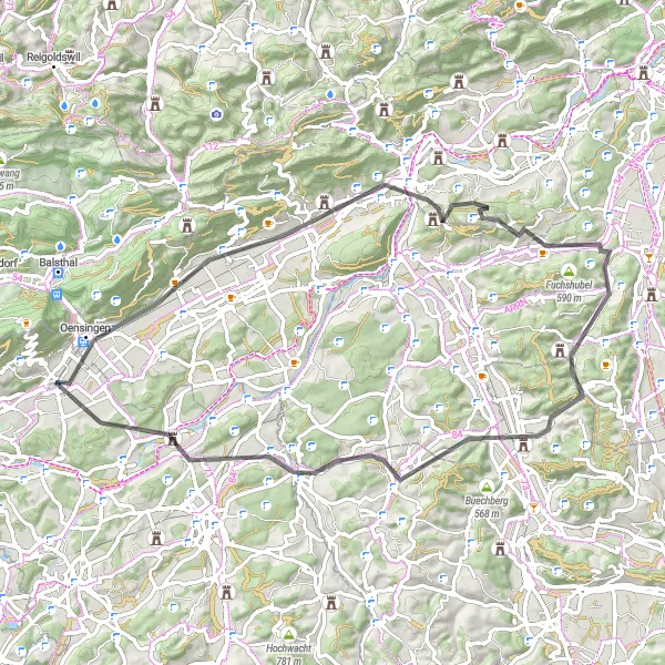 Miniatura della mappa di ispirazione al ciclismo "Tour in bicicletta da Niederbipp a Weierhöhe" nella regione di Espace Mittelland, Switzerland. Generata da Tarmacs.app, pianificatore di rotte ciclistiche